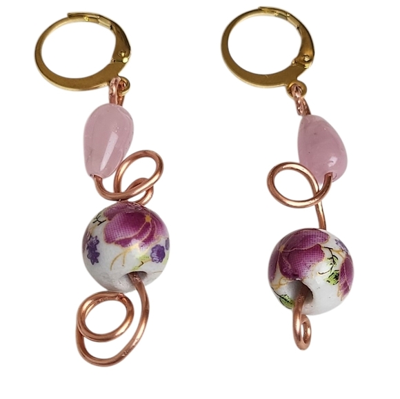 Floral Ceramic Pink Czech Glass Cooper Spiral Huggie Hoop Earrings - Picture 4 of 4